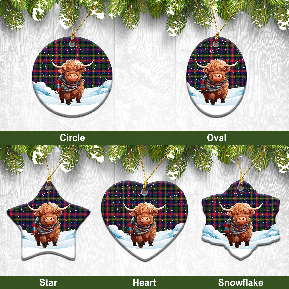 Logan Modern Tartan Christmas Ceramic Ornament - Highland Cows Snow Style