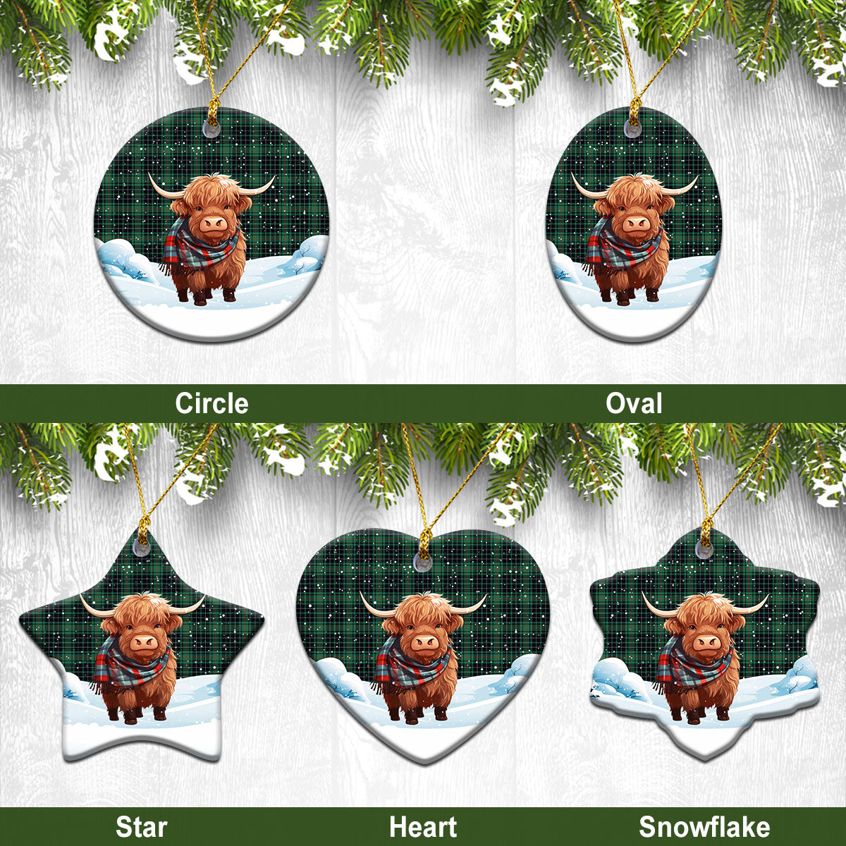 MacAulay Hunting Ancient Tartan Christmas Ceramic Ornament - Highland Cows Snow Style