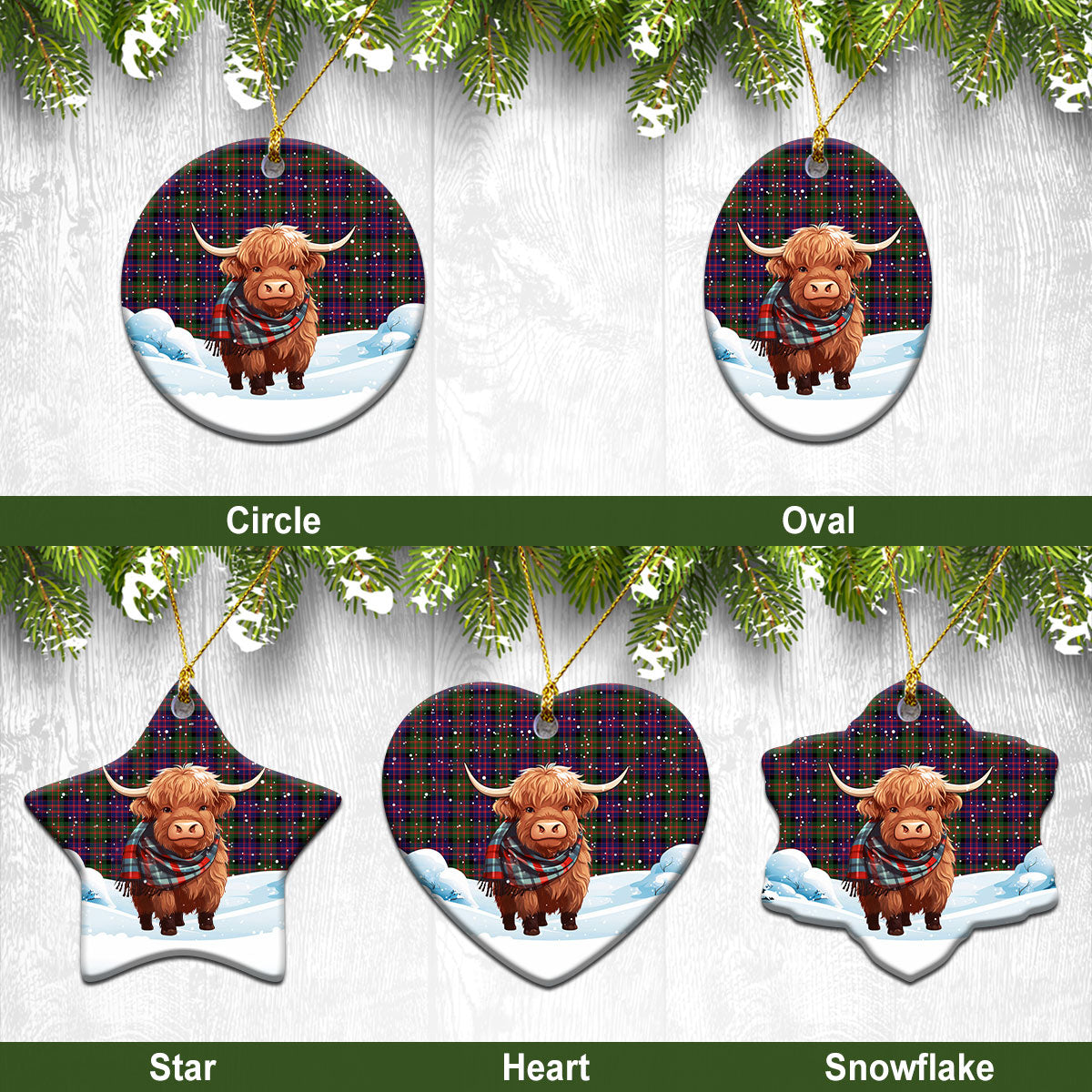 MacBrayne Tartan Christmas Ceramic Ornament - Highland Cows Snow Style