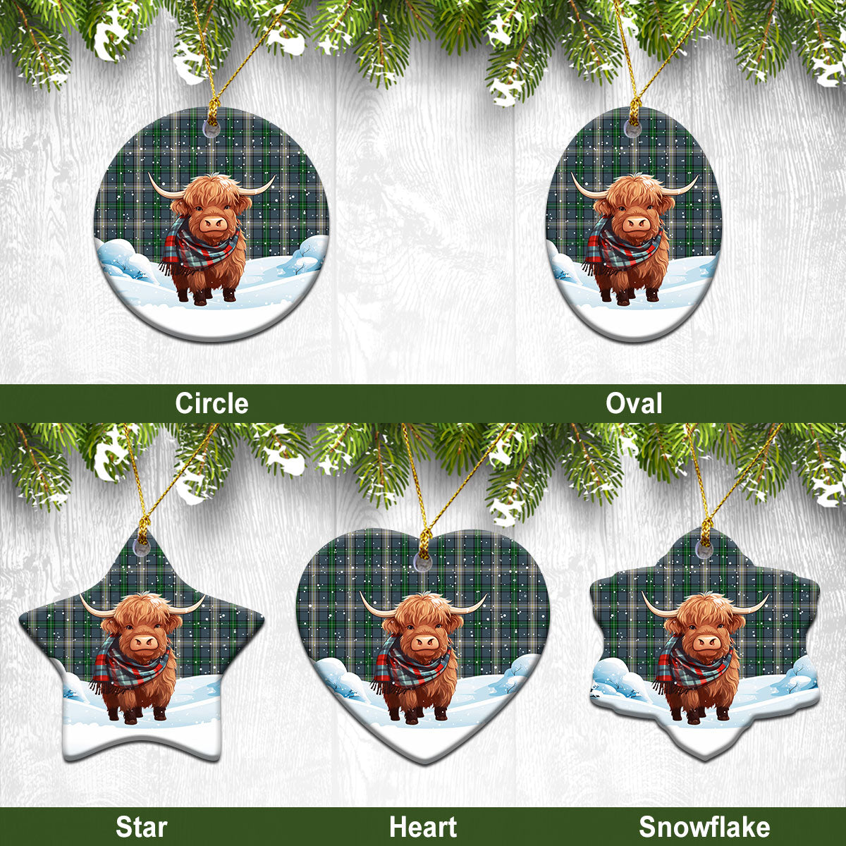 MacDowall Tartan Christmas Ceramic Ornament - Highland Cows Snow Style