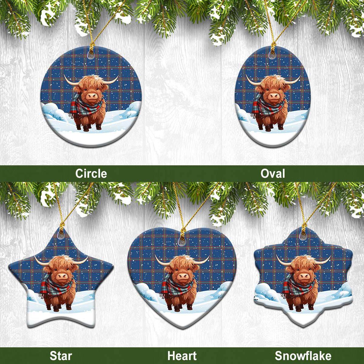 MacLaine of Loch Buie Hunting Ancient Tartan Christmas Ceramic Ornament - Highland Cows Snow Style