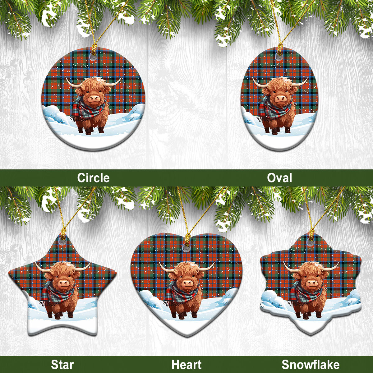 MacNaughton Ancient Tartan Christmas Ceramic Ornament - Highland Cows Snow Style