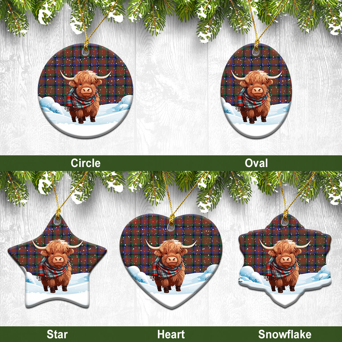 McDuff Hunting Modern Tartan Christmas Ceramic Ornament - Highland Cows Snow Style