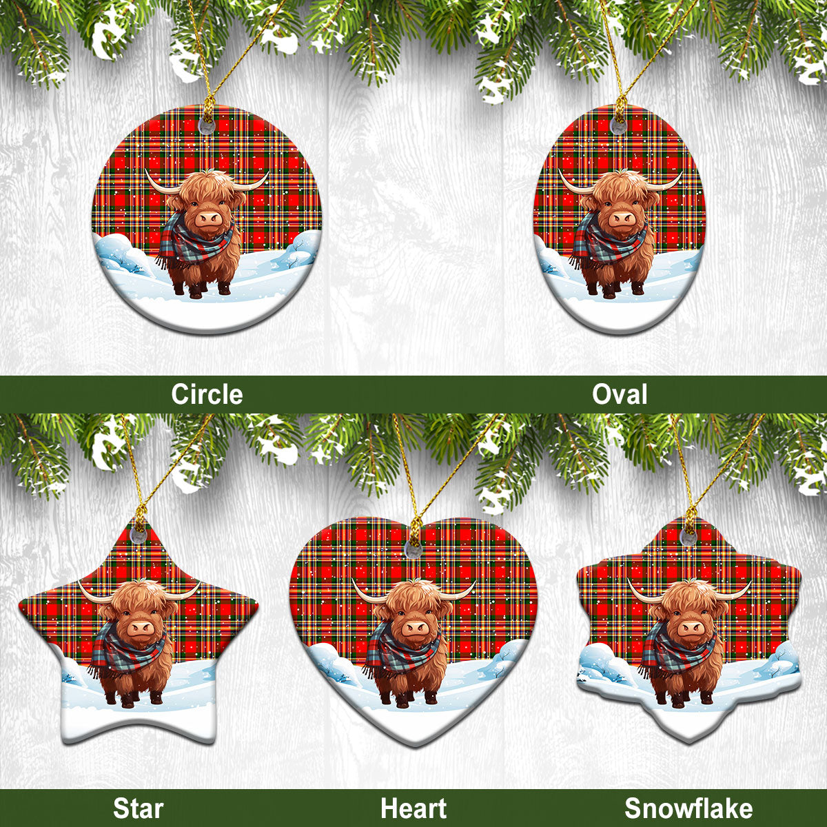 McGill Modern Tartan Christmas Ceramic Ornament - Highland Cows Snow Style