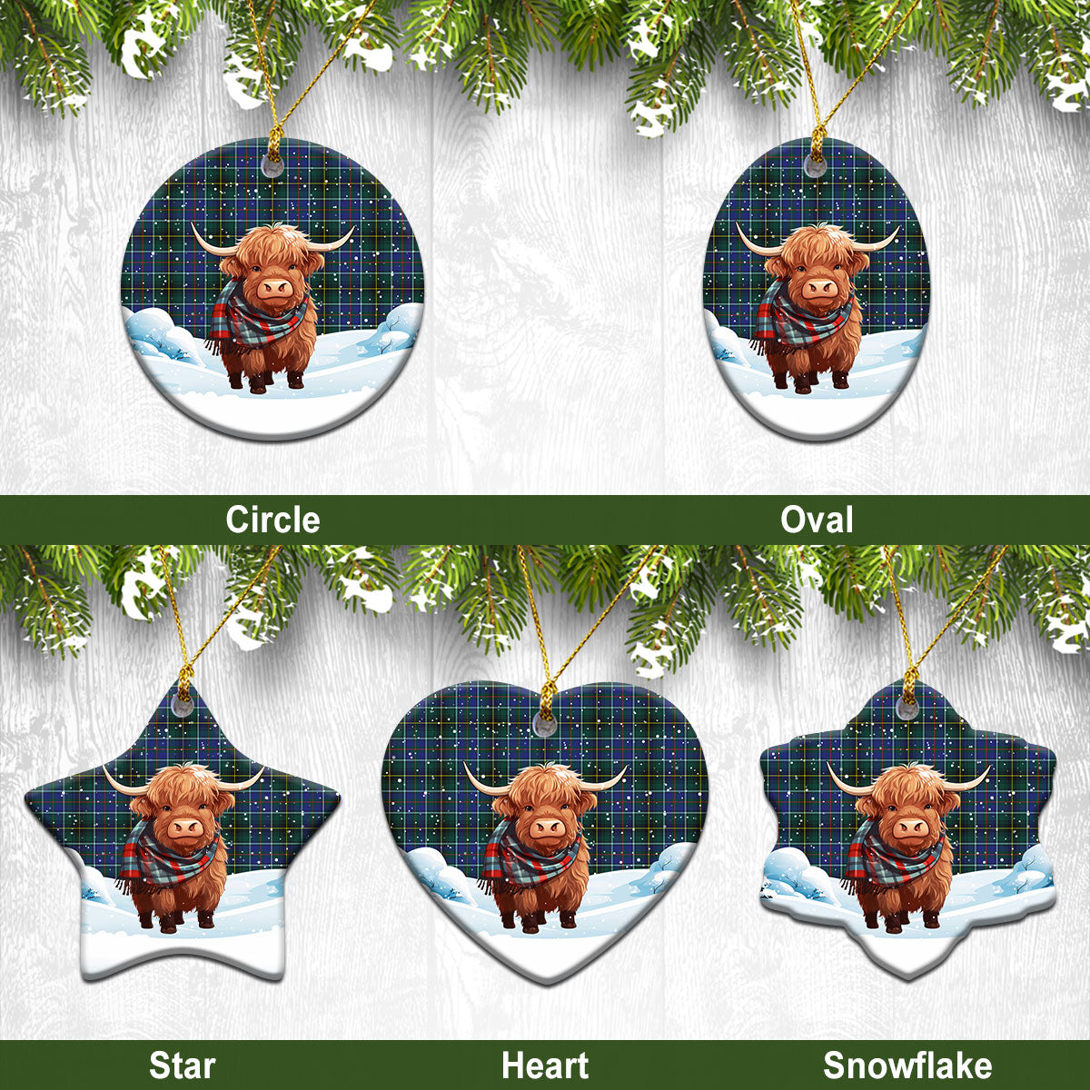 McInnes Modern Tartan Christmas Ceramic Ornament - Highland Cows Snow Style