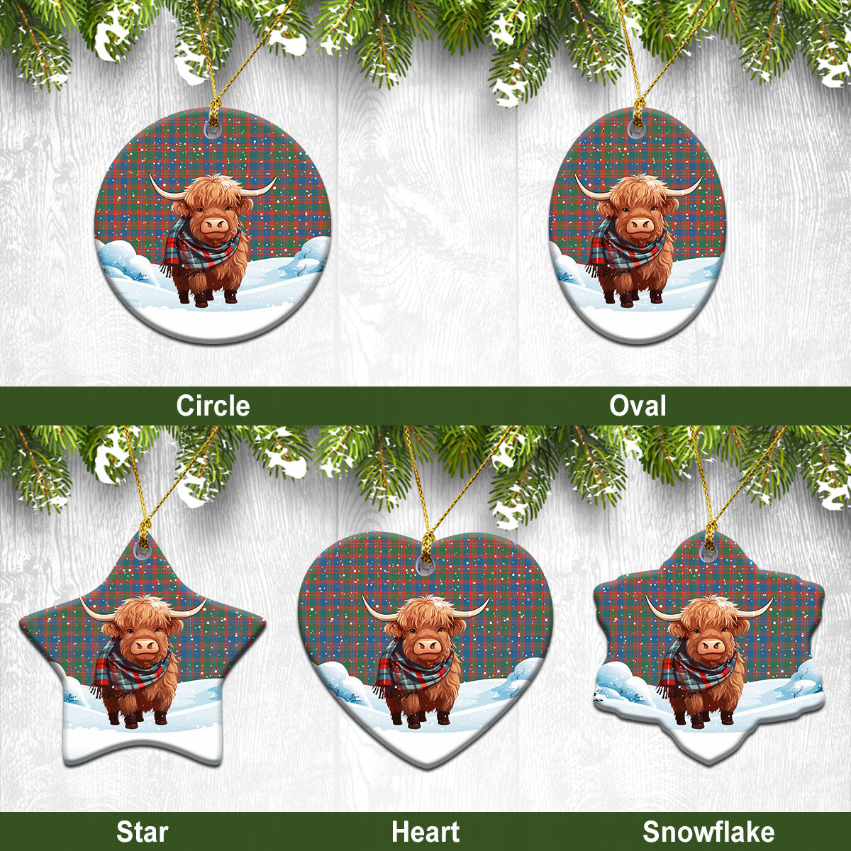 McIntyre Ancient Tartan Christmas Ceramic Ornament - Highland Cows Snow Style