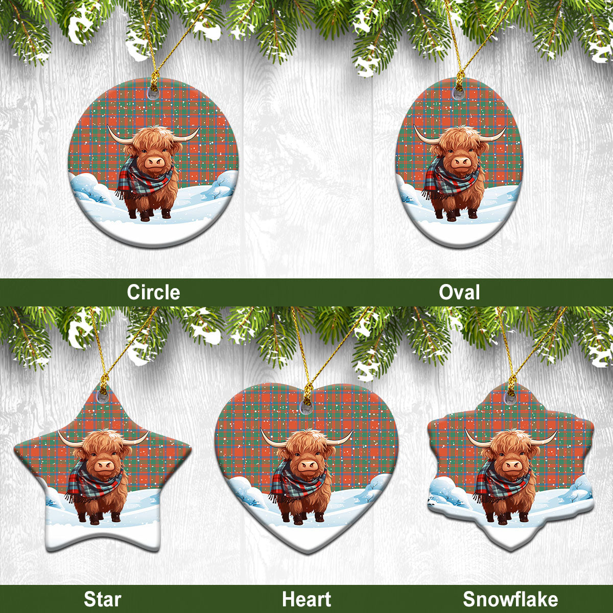 McKintosh Ancient Tartan Christmas Ceramic Ornament - Highland Cows Snow Style