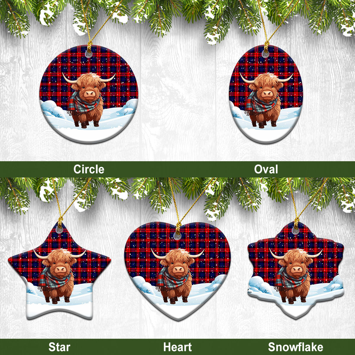 McLachlan Modern Tartan Christmas Ceramic Ornament - Highland Cows Snow Style