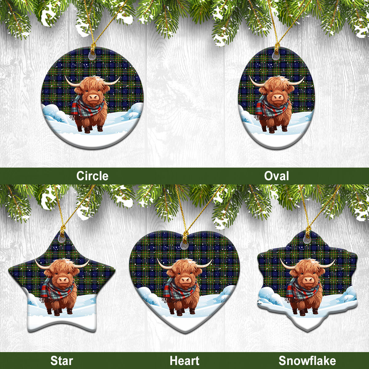 McLaren Modern Tartan Christmas Ceramic Ornament - Highland Cows Snow Style