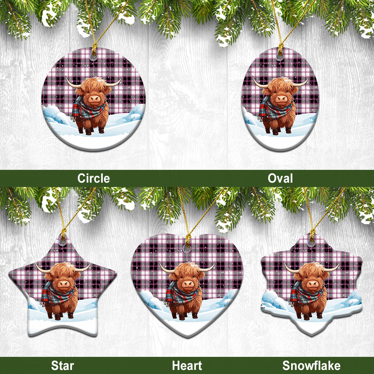 McPherson Hunting Modern Tartan Christmas Ceramic Ornament - Highland Cows Snow Style