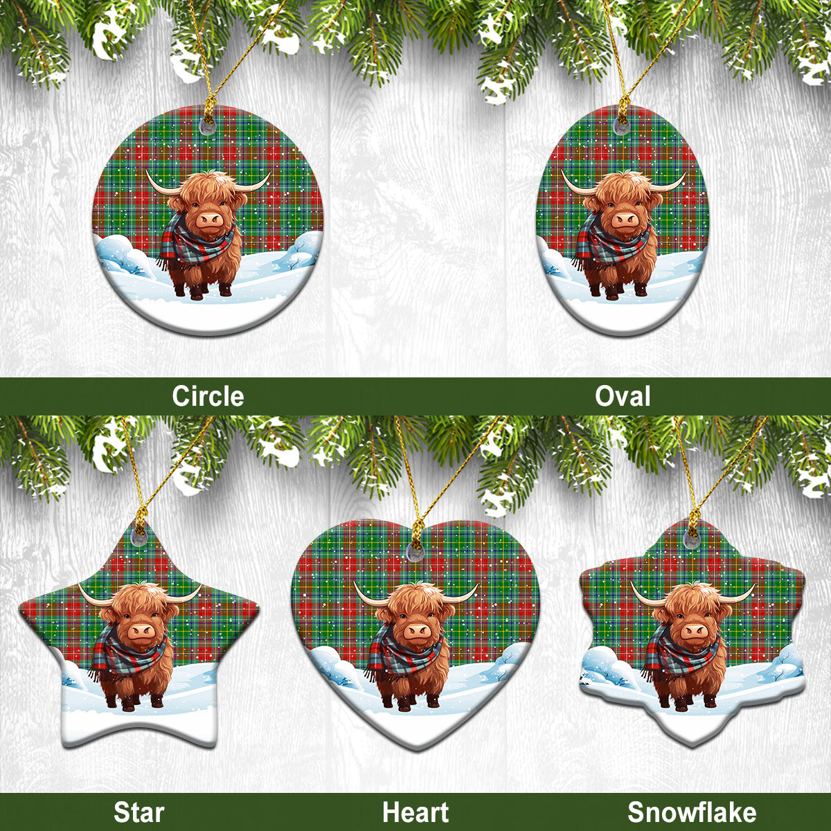 Muirhead Tartan Christmas Ceramic Ornament - Highland Cows Snow Style