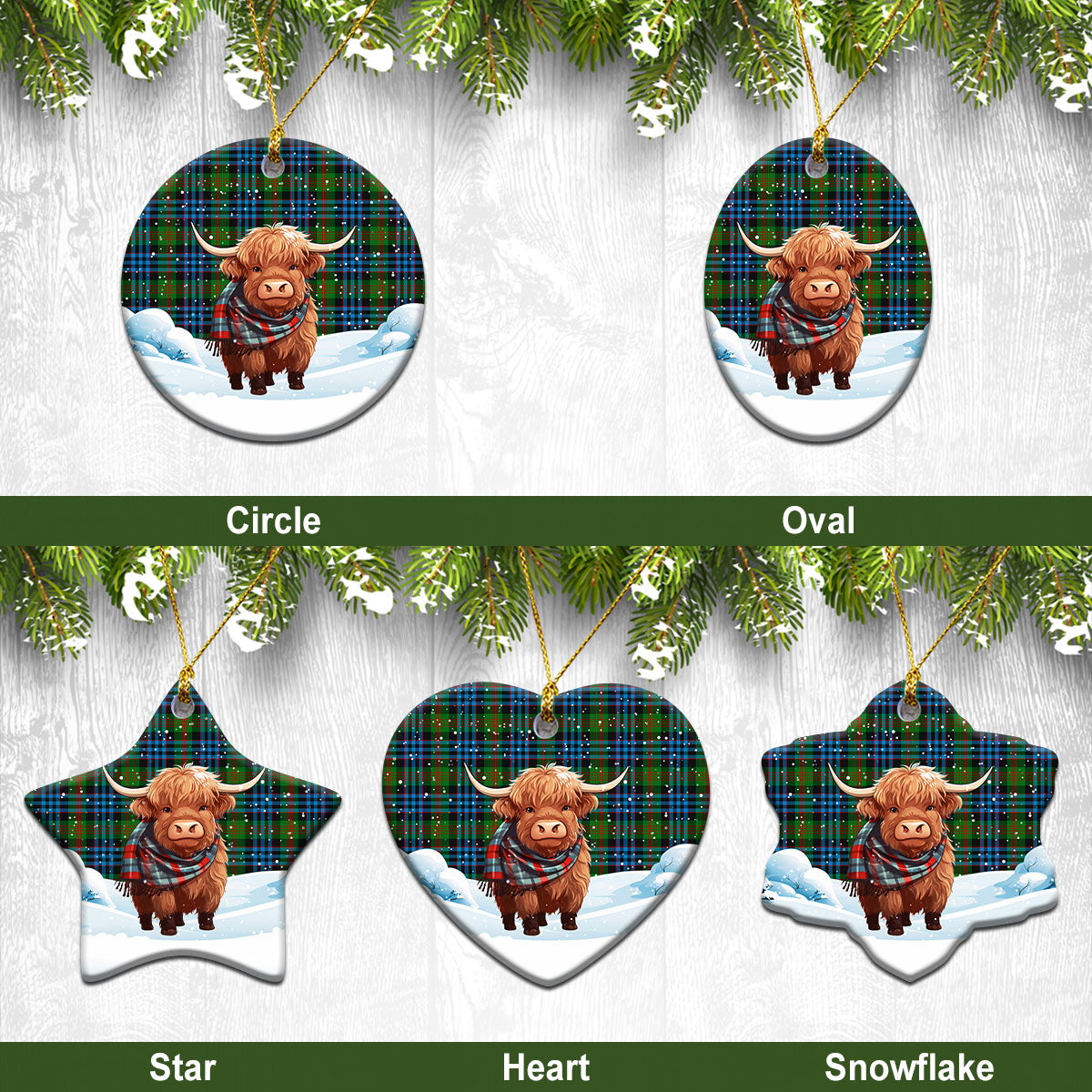 Newlands Tartan Christmas Ceramic Ornament - Highland Cows Snow Style