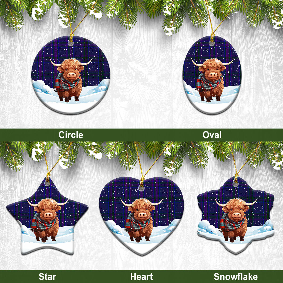 Spirit of Scotland Tartan Christmas Ceramic Ornament - Highland Cows Snow Style