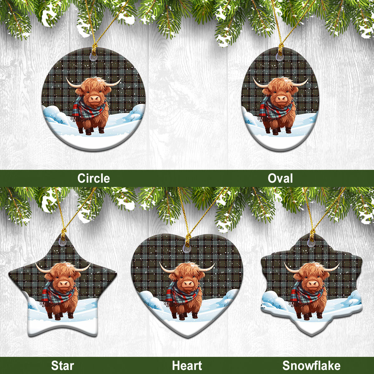 Stewart Old Weathered Tartan Christmas Ceramic Ornament - Highland Cows Snow Style