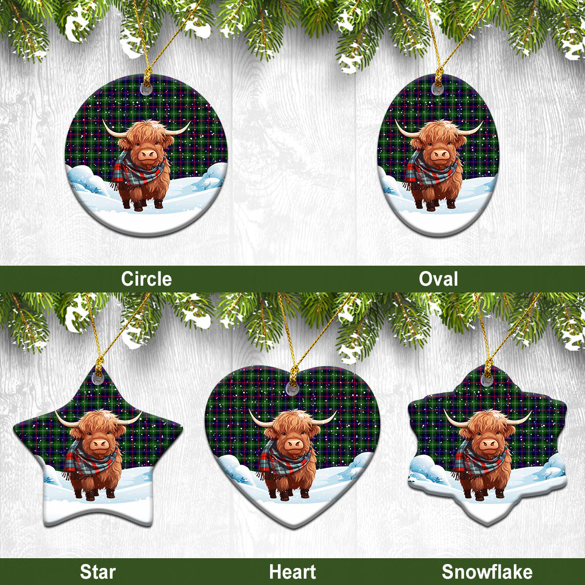 Sutherland Modern Tartan Christmas Ceramic Ornament - Highland Cows Snow Style