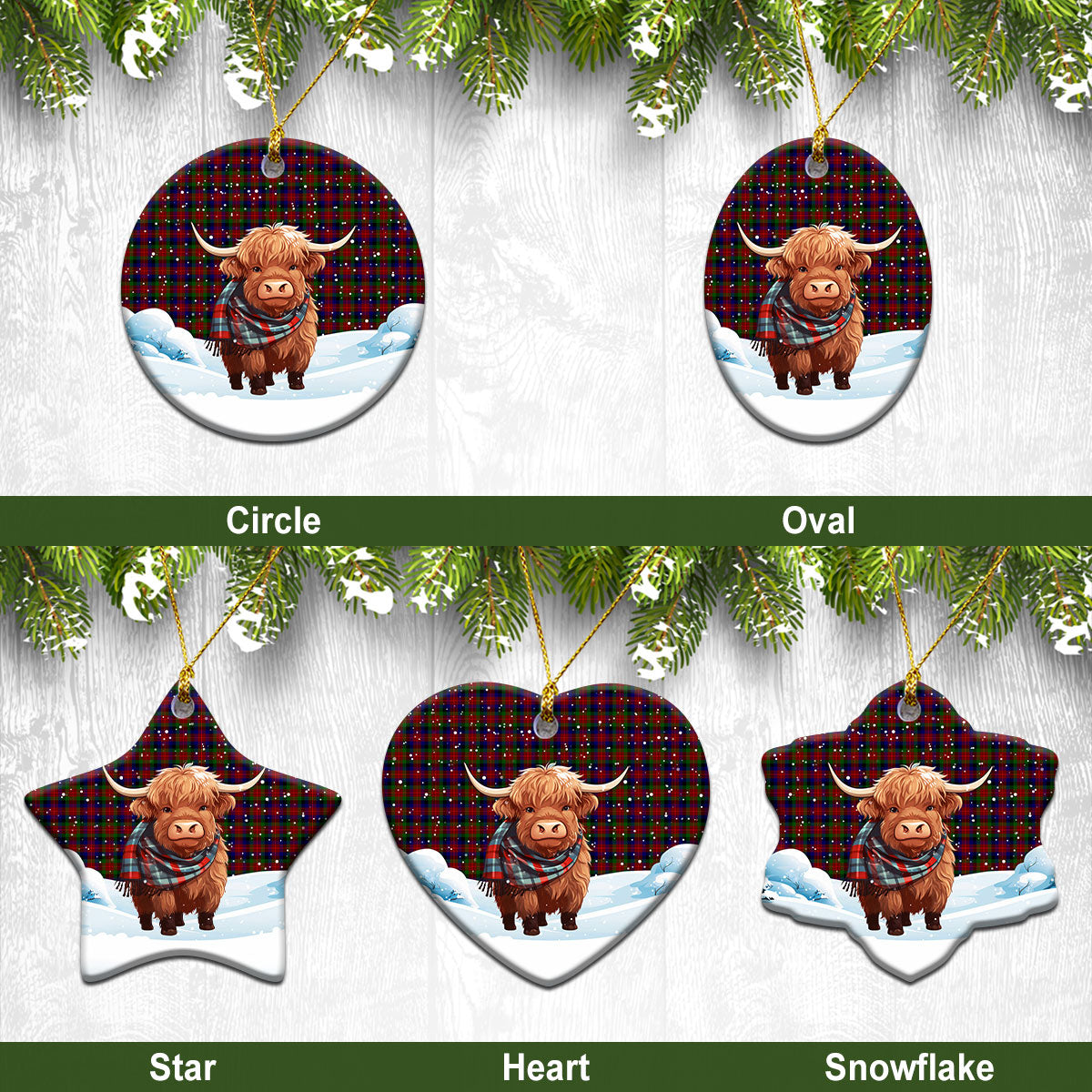 Tennant Tartan Christmas Ceramic Ornament - Highland Cows Snow Style