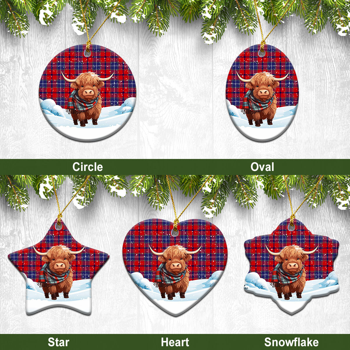 Wishart Dress Tartan Christmas Ceramic Ornament - Highland Cows Snow Style