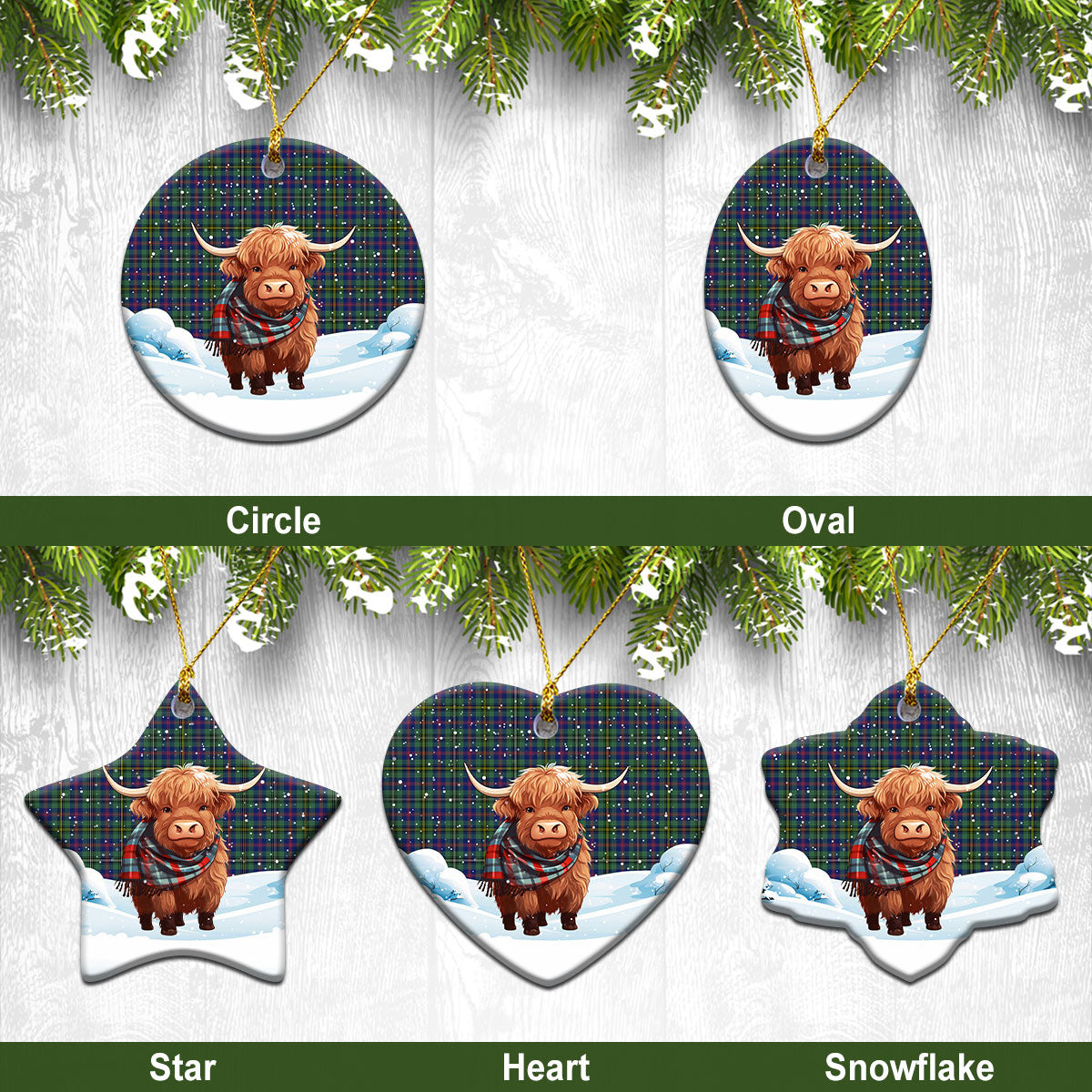 Wood Tartan Christmas Ceramic Ornament - Highland Cows Snow Style