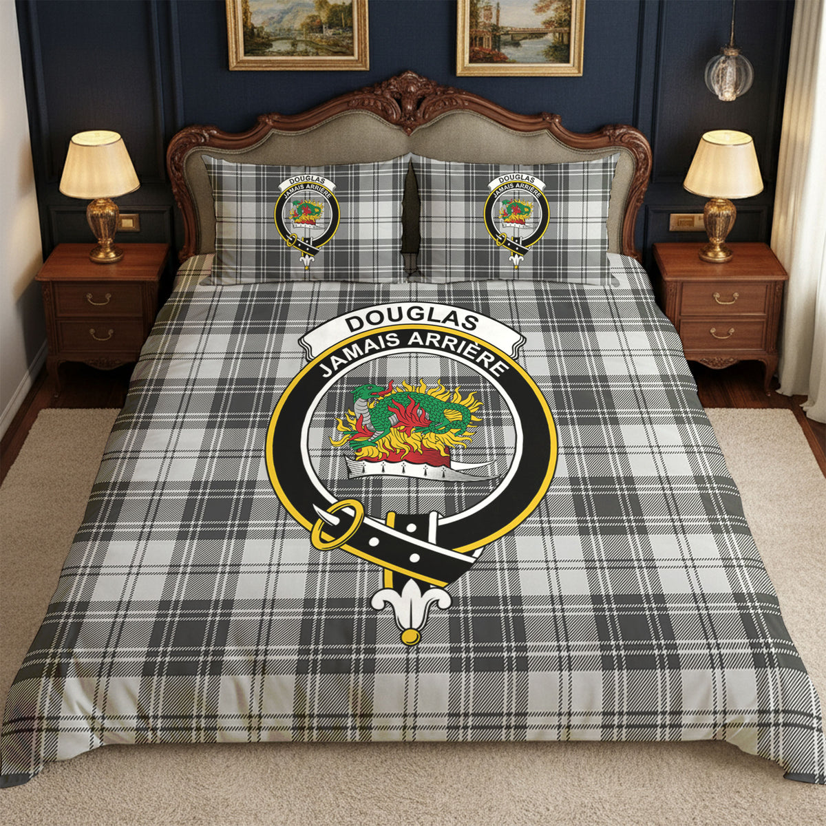 Douglas Grey Modern Tartan Crest Bedding Set