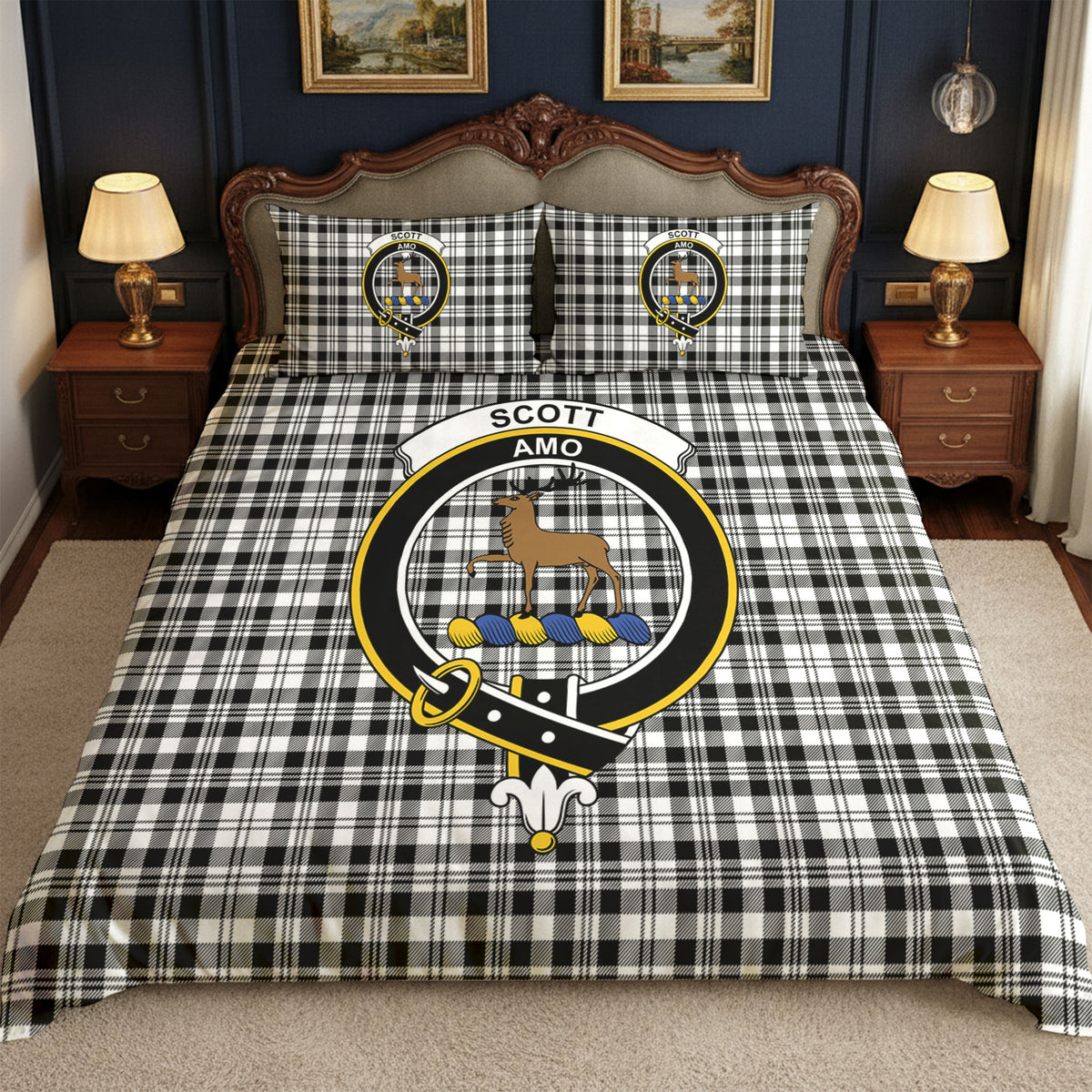 Scott Black & White Modern Tartan Crest Bedding Set