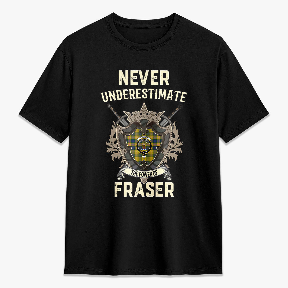 Fraser (of Lovat) Yellow Tartan Crest 2D T-shirt - Never Underestimate Style