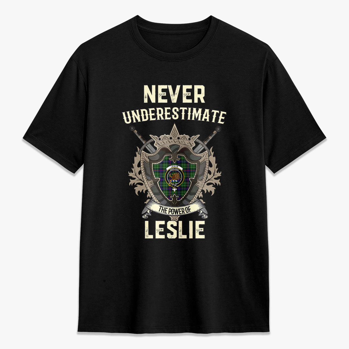 Leslie Hunting Tartan Crest 2D T-shirt - Never Underestimate Style