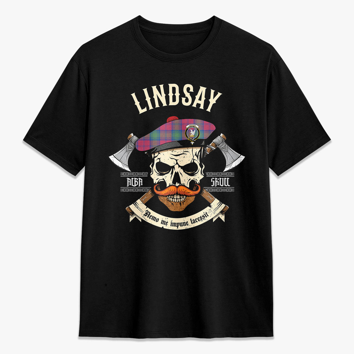 Lindsay Ancient Tartan Crest 2D T-shirt - Alba Skull Style