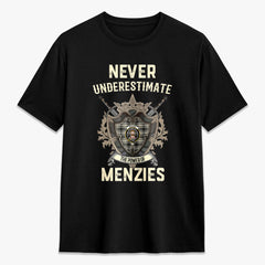 Menzies Black - White Ancient Tartan Crest 2D T-shirt - Never Underestimate Style