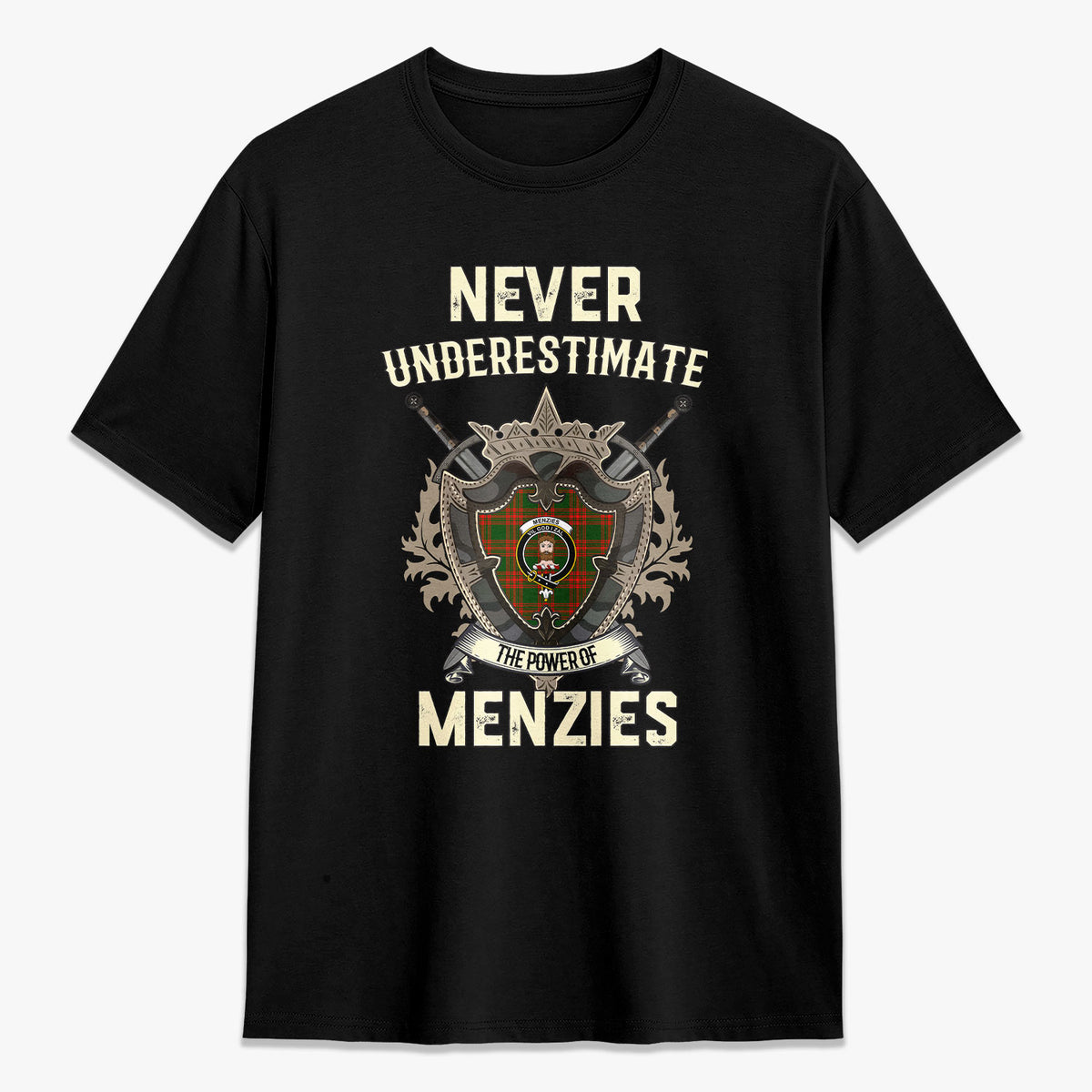 Menzies Green Modern Tartan Crest 2D T-shirt - Never Underestimate Style