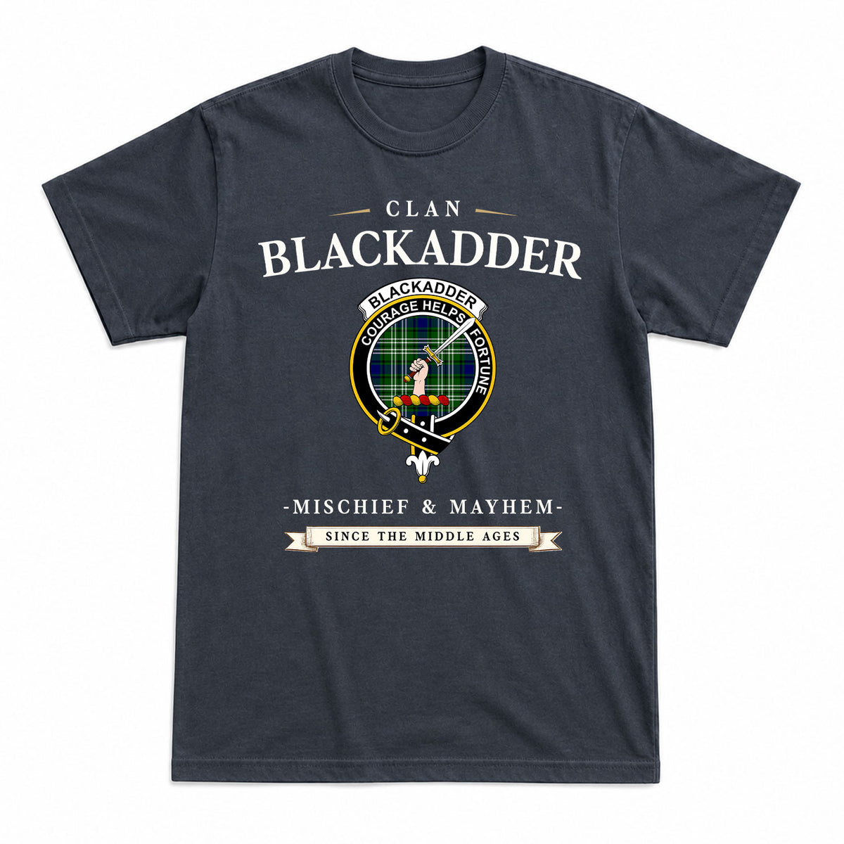 Blackadder Tartan Crest Mischief and Mayhem T-shirt