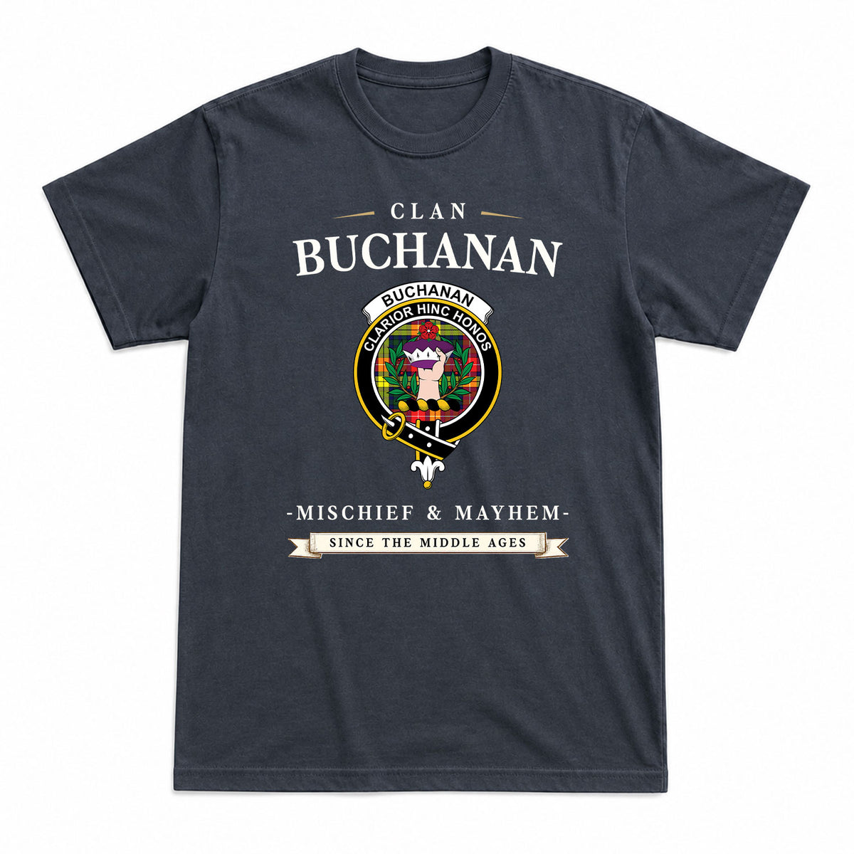 Buchanan Modern Tartan Crest Mischief and Mayhem T-shirt