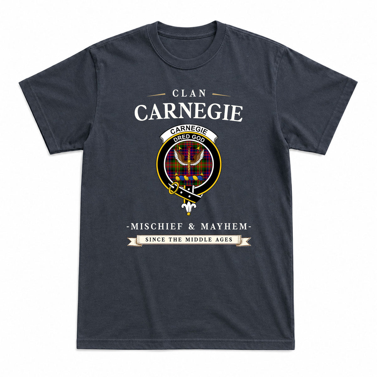 Carnegie Modern Tartan Crest Mischief and Mayhem T-shirt