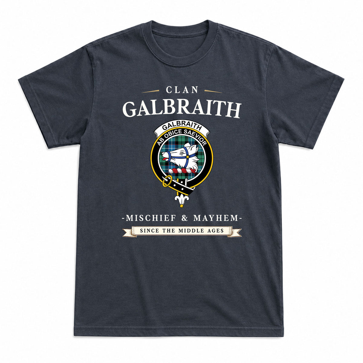 Galbraith Ancient Tartan Crest Mischief and Mayhem T-shirt