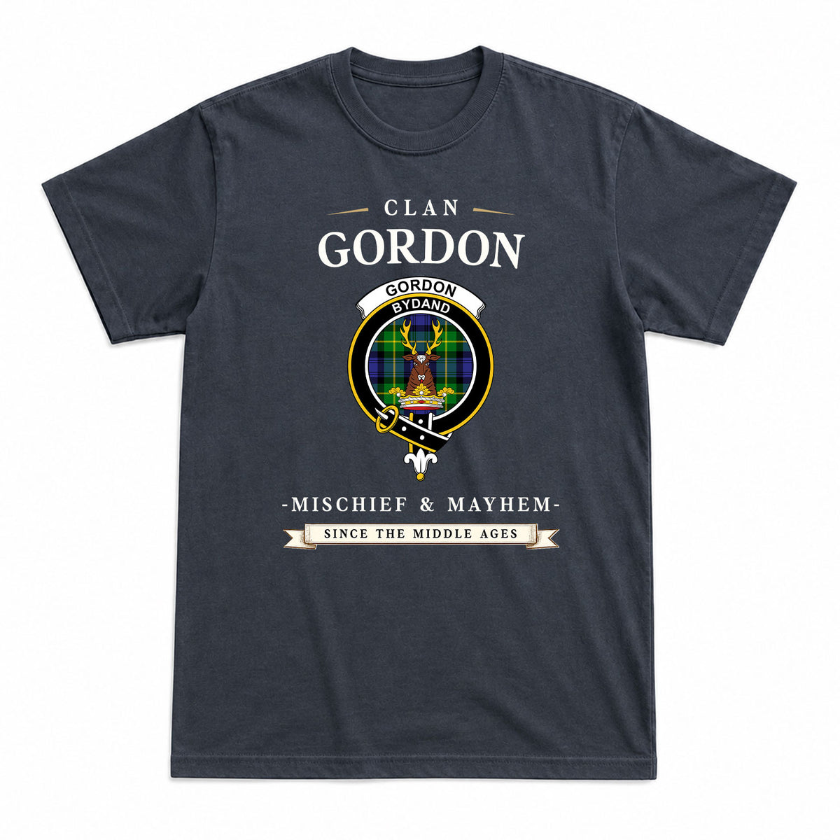 Gordon Modern Tartan Crest Mischief and Mayhem T-shirt