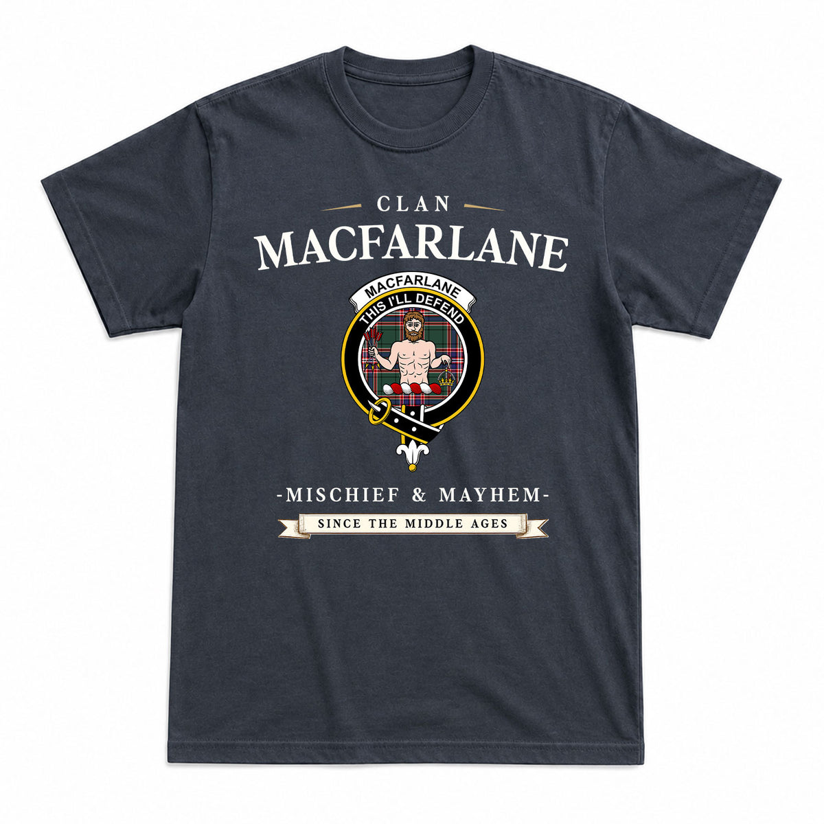 MacFarlane Hunting Modern Tartan Crest Mischief and Mayhem T-shirt