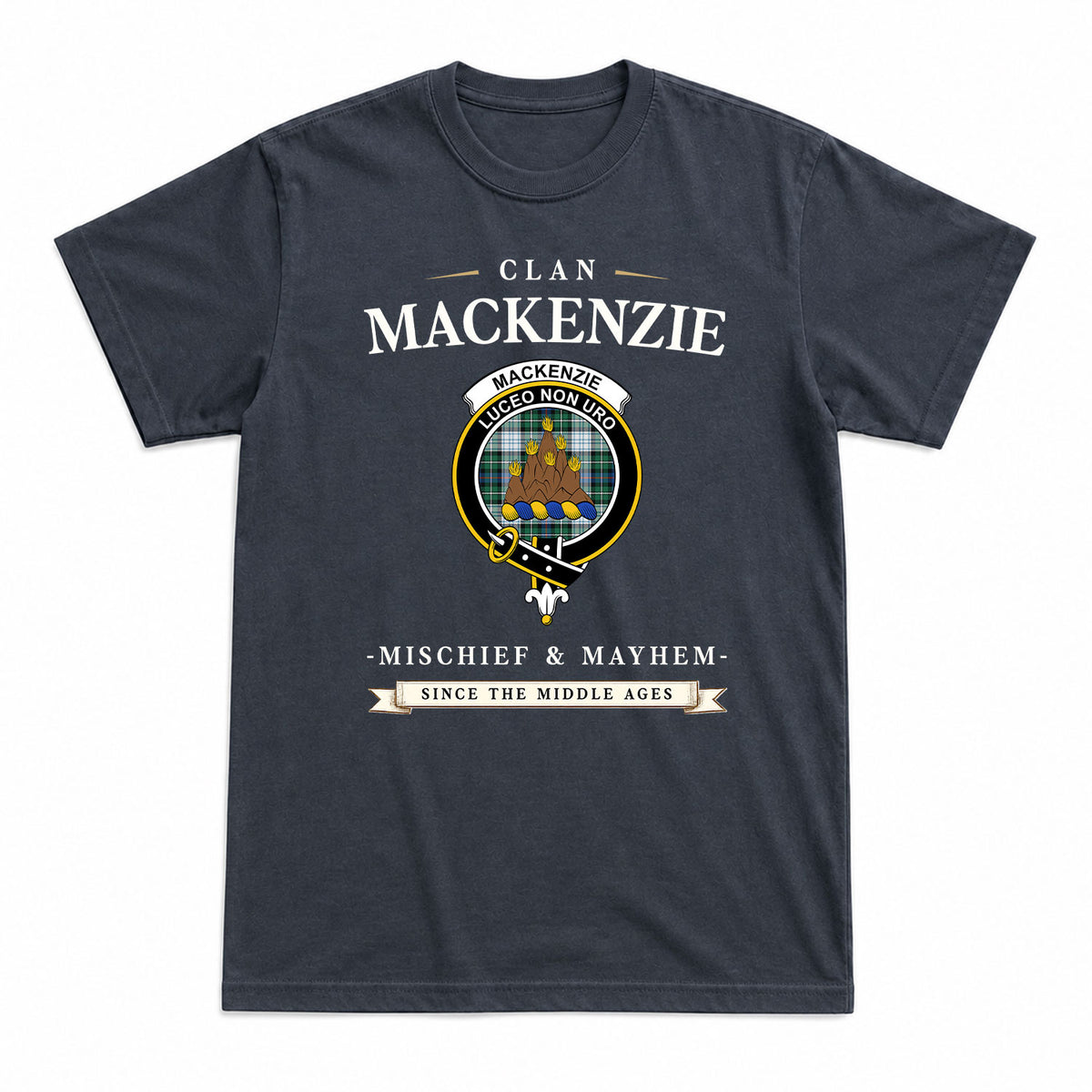 MacKenzie Dress Ancient Tartan Crest Mischief and Mayhem T-shirt