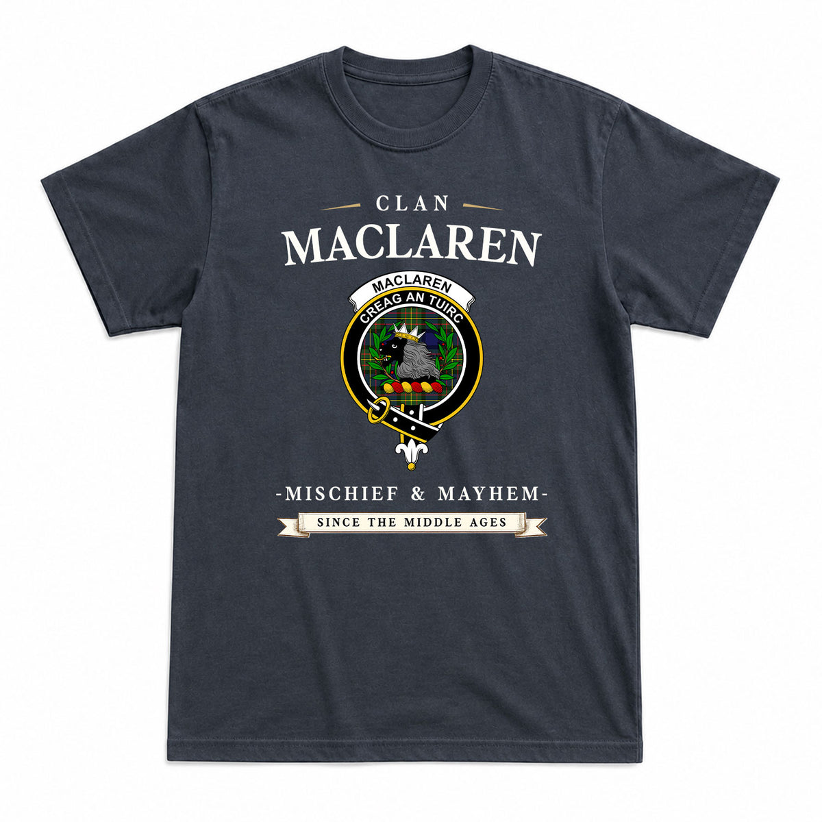 MacLaren Modern Tartan Crest Mischief and Mayhem T-shirt