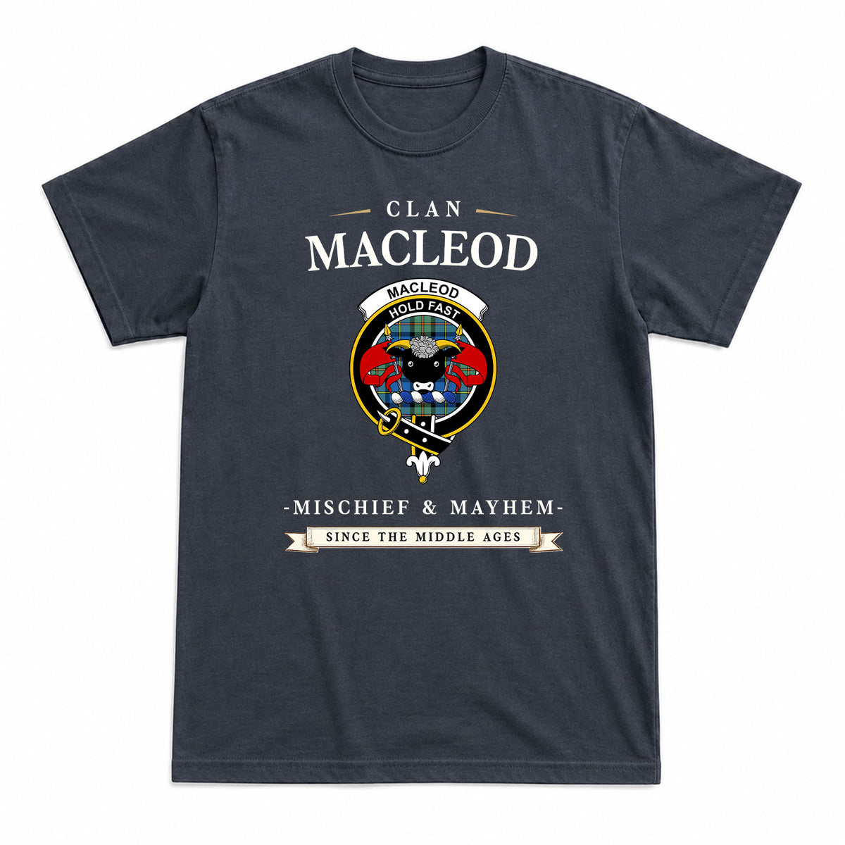 MacLeod of Harris Ancient Tartan Crest Mischief and Mayhem T-shirt