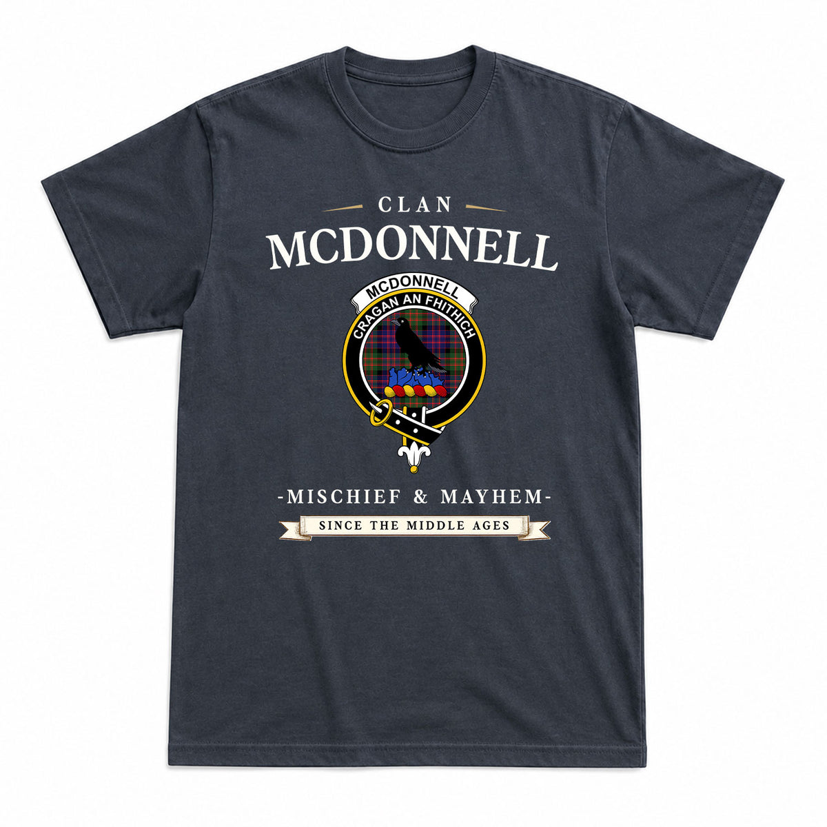McDonnell of Glengarry Modern Tartan Crest Mischief and Mayhem T-shirt