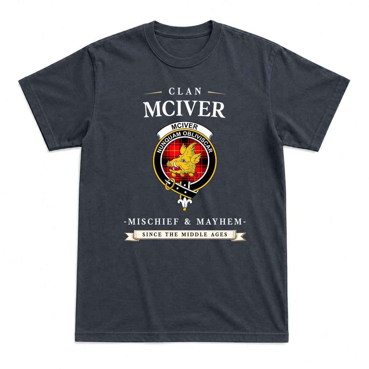 McIver Modern Tartan Crest Mischief and Mayhem T-shirt