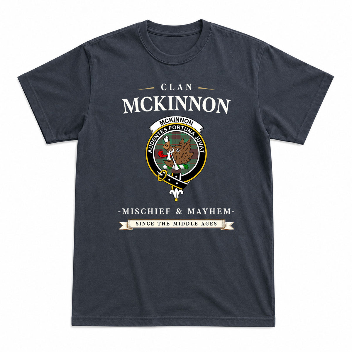 McKinnon Hunting Ancient Tartan Crest Mischief and Mayhem T-shirt
