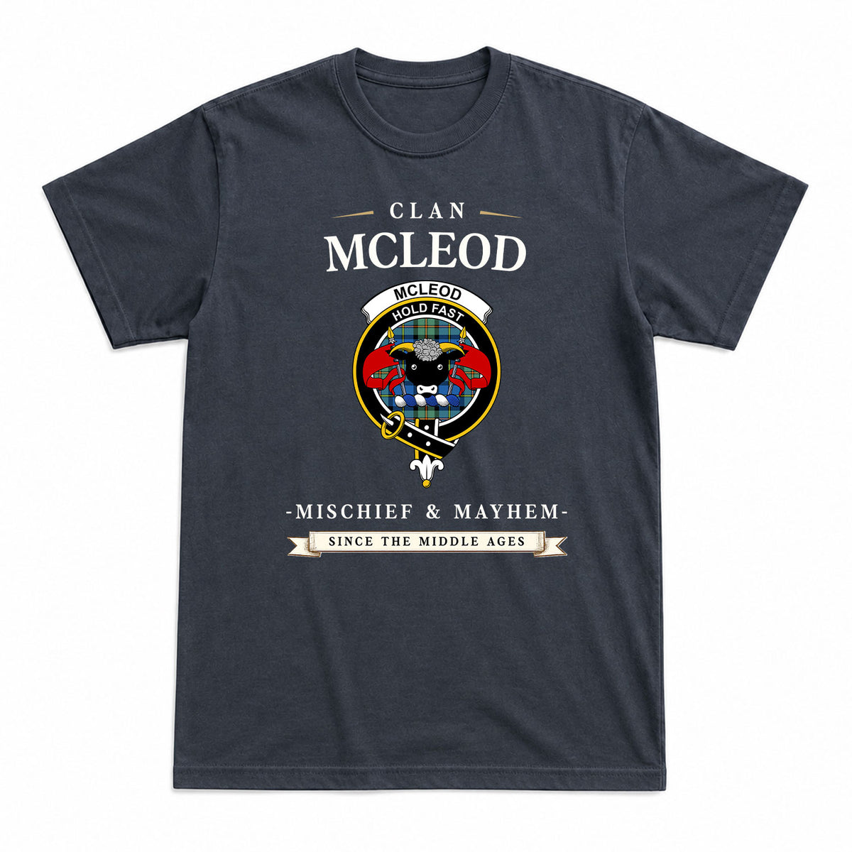 McLeod of Harris Ancient Tartan Crest Mischief and Mayhem T-shirt