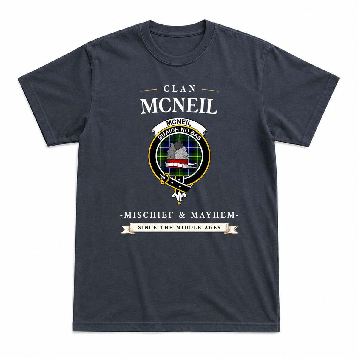 McNeil of Barra Modern Tartan Crest Mischief and Mayhem T-shirt
