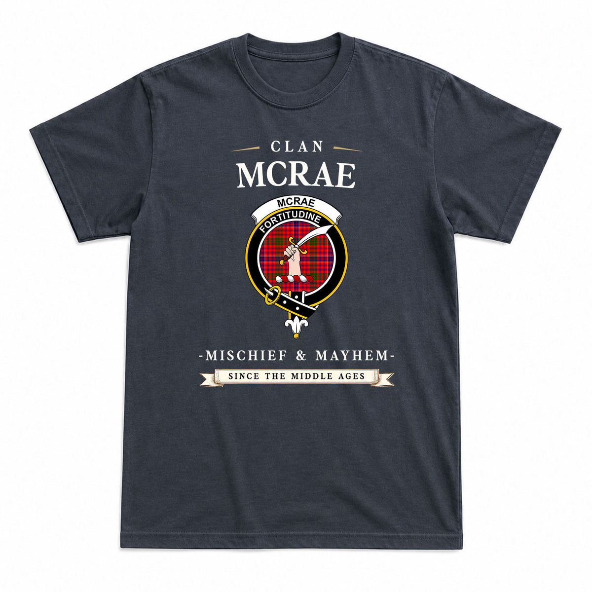 McRae Modern Tartan Crest Mischief and Mayhem T-shirt