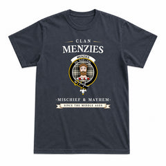 Menzies Black - White Ancient Tartan Crest Mischief and Mayhem T-shirt