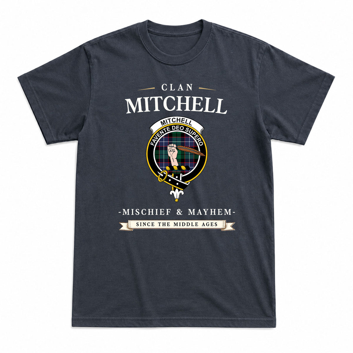 Mitchell Modern Tartan Crest Mischief and Mayhem T-shirt