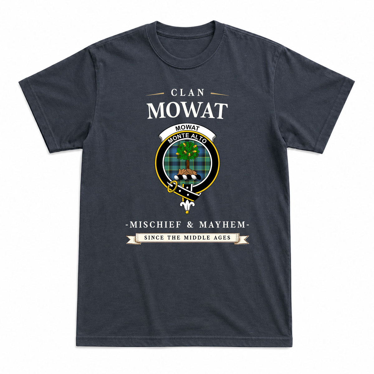 Mowat Ancient Tartan Crest Mischief and Mayhem T-shirt