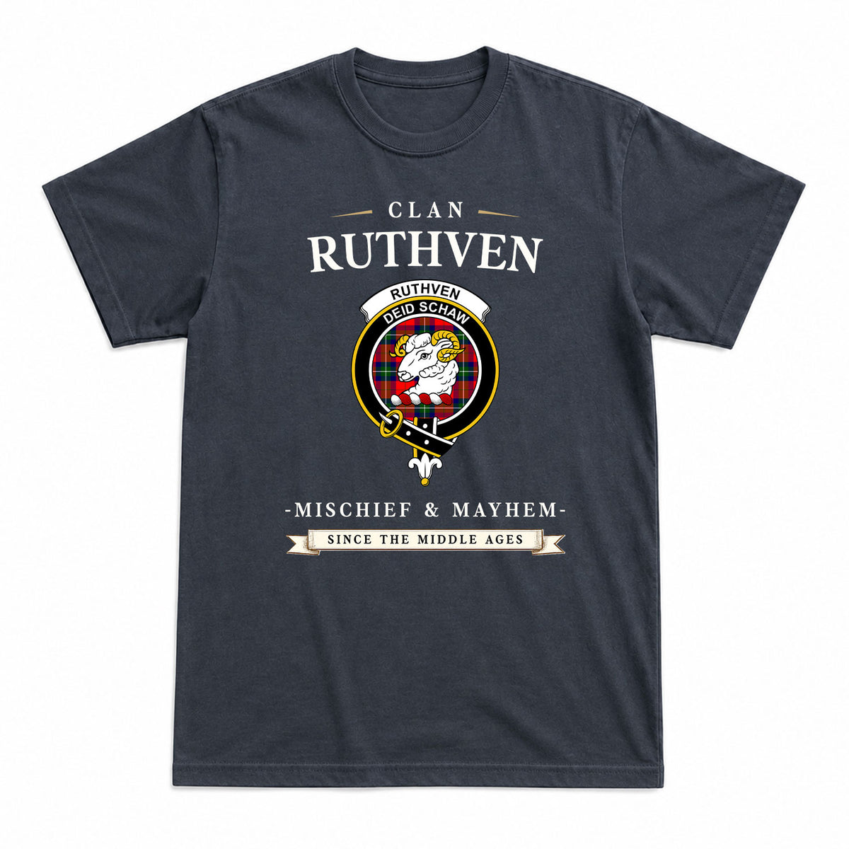 Ruthven Modern Tartan Crest Mischief and Mayhem T-shirt