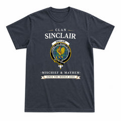 Sinclair Hunting Ancient Tartan Crest Mischief and Mayhem T-shirt