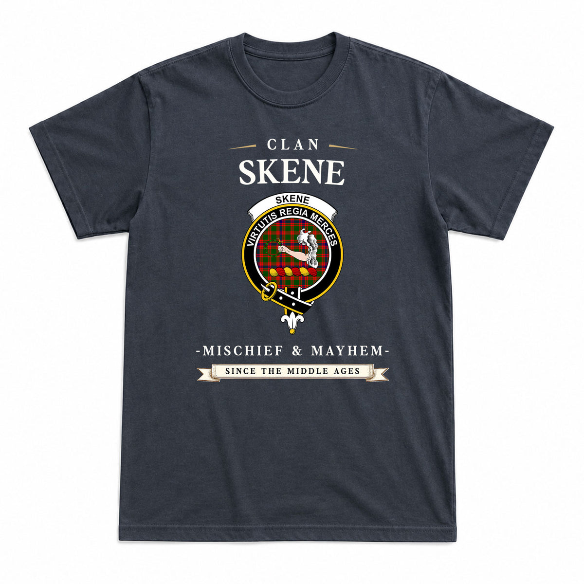 Skene Modern Tartan Crest Mischief and Mayhem T-shirt